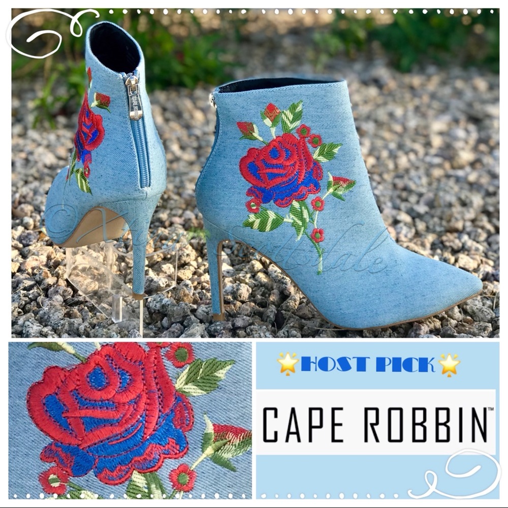 CAPE ROBBIN Denim Zip Up Bootie Rose Embroidery